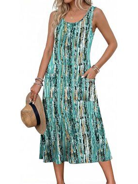 Women's Green Crewneck Midi Summer Sleeveless Tank Dress Beach Casual Sundress